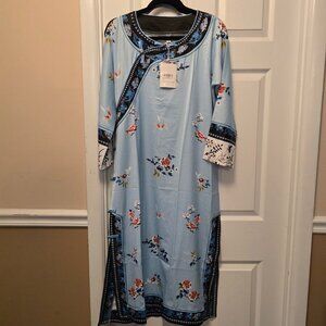 Floral Print Band Collar, half Sleeve Plate Buckle Dress